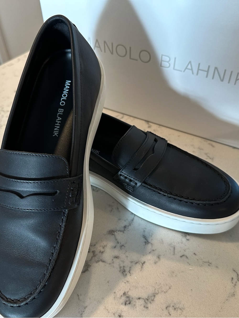 Unisex || NWOT|| Manolo Blahnik Black Leather Slip-On Loafers with White Sole